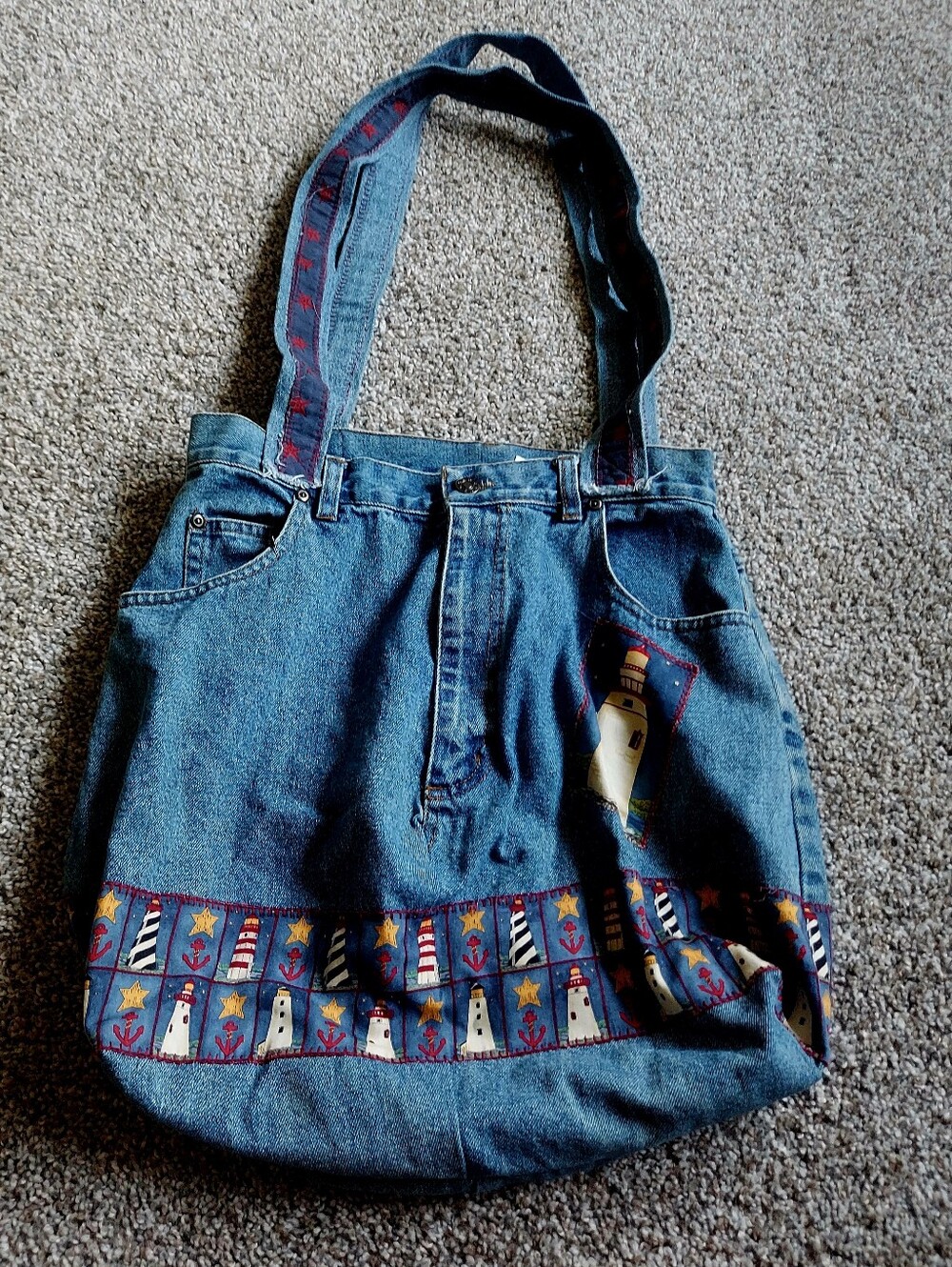 Denim Tote Bag with Nautical Lighthouse Trim
